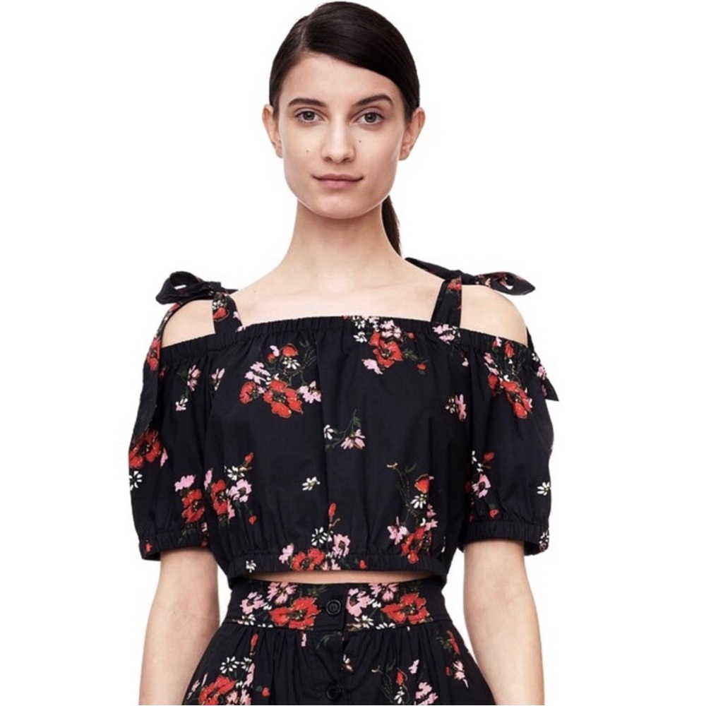 NEW REBECCA TAYLOR BLACK FLORAL PRINT COLD-SHOULDER CROP TOP